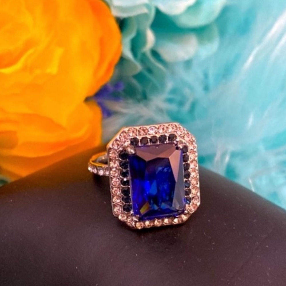 Blue Sapphire Gemstone Ring With Micro Pave Stones 925 Silver Sz 6 NEW!